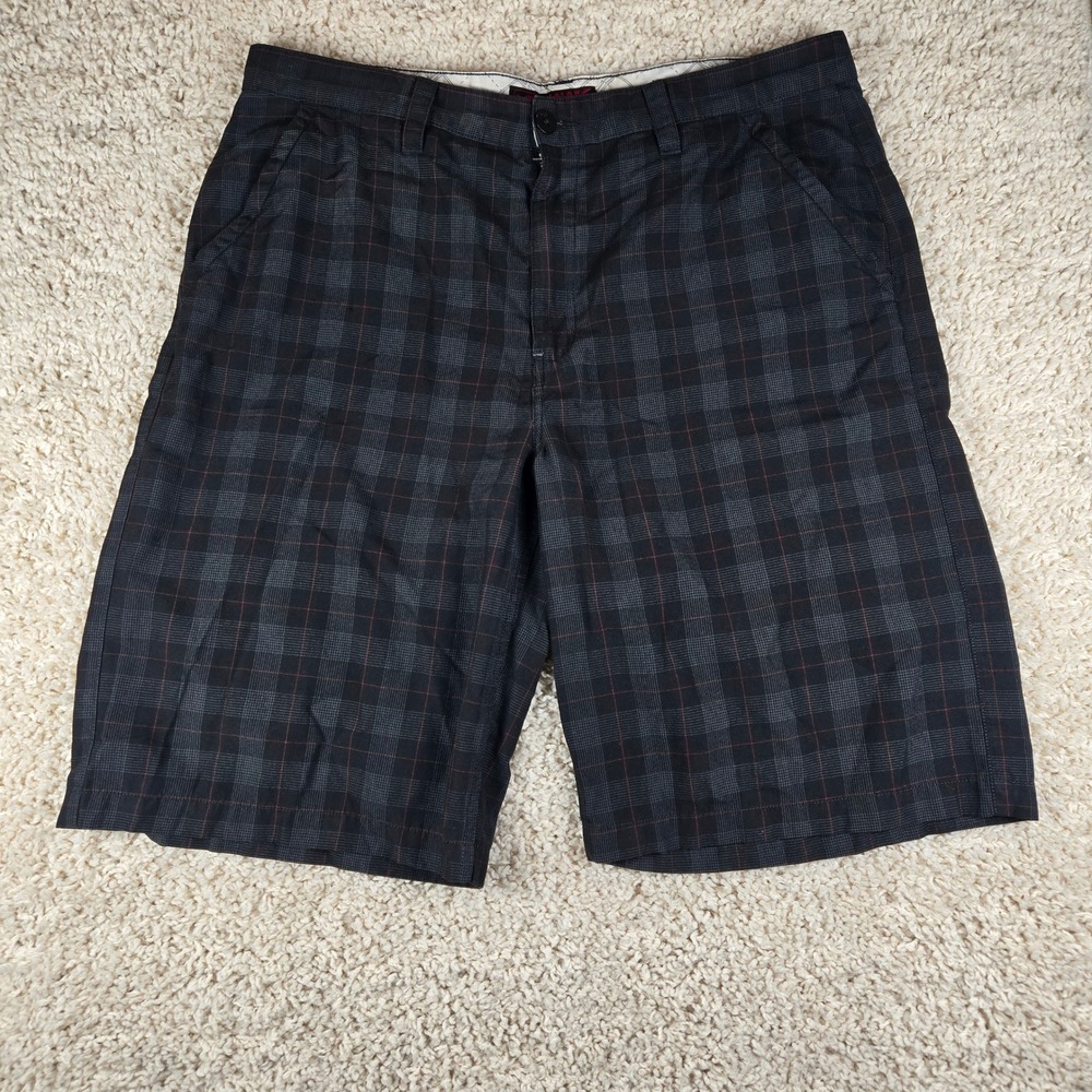 Hawk Mens Plaid Shorts Size 38 Dark Grey Charcoal Black Flat Front Skate